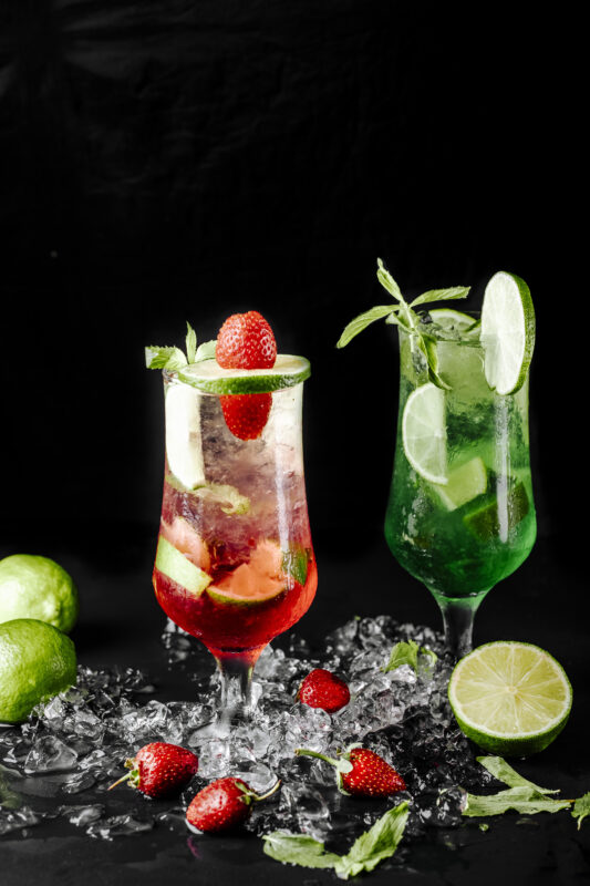 green lime mojito with mint red berry cocktails